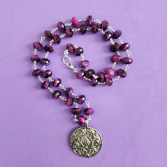 PURPLE TIGERS EYE NECKLACE WITH LOTUS PENDANT-24"