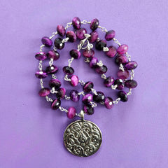 PURPLE TIGERS EYE NECKLACE WITH LOTUS PENDANT-24"