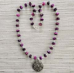 PURPLE TIGERS EYE NECKLACE WITH LOTUS PENDANT-24"