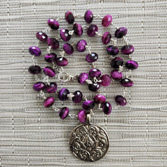 PURPLE TIGERS EYE NECKLACE WITH LOTUS PENDANT-24"