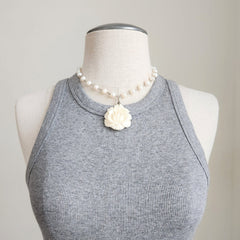 WHITE PEARL NECKLACE WITH CARVED ROSE-17"