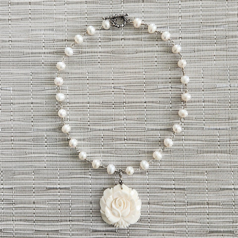 WHITE PEARL NECKLACE WITH CARVED ROSE-17"