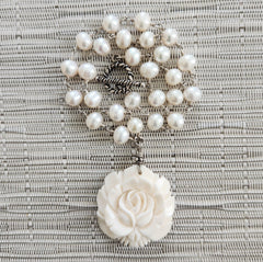 WHITE PEARL NECKLACE WITH CARVED ROSE-17"