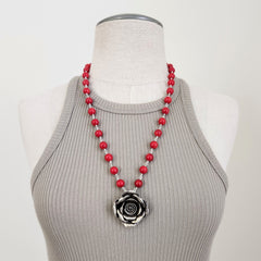 RED CORAL NECKLACE W/ ROSE PENDANT-24IN