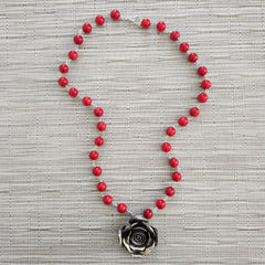 RED CORAL NECKLACE W/ ROSE PENDANT-24IN