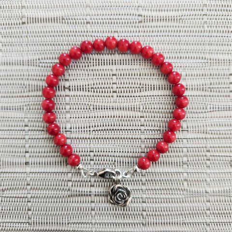 RED CORAL BRACELET WITH MINI ROSE CHARM