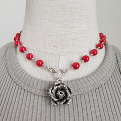 RED CORAL NECKLACE WITH ROSE PENDANT-16"