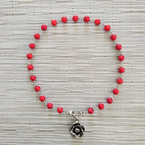 RED CORAL NECKLACE WITH ROSE PENDANT-16"