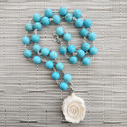 HOWLITE NECKLACE WITH CARVED ROSE PENDANT-24"
