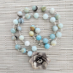 AMAZONITE NECKLACE WITH POPPY PENDANT-24"