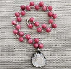 STRAWBERRY JADE NECKLACE WITH MOTHER OF PEARL ROSE PENDANT-25"