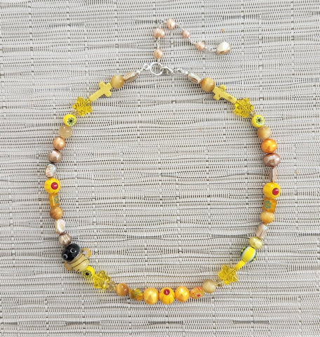 YELLOW COLORED MIXED BEAD NECKLACE-16"