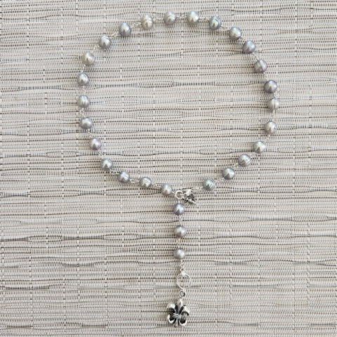 SILVER PEARL NECKLACE WITH FLEUR DE LIS PENDANT-16"