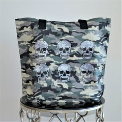 6--MINI NEO SKULLS ON CAMO PRINT CANVAS TOTE