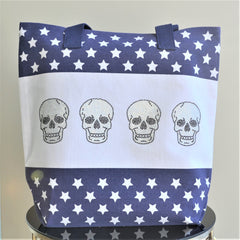 6--MINI NEO SKULLS ON STAR PRINT CANVAS TOTE