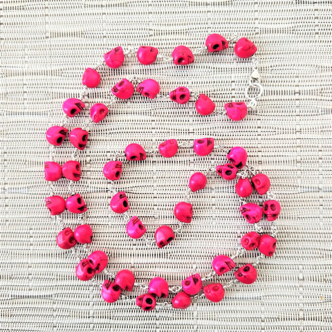 HOT PINK SKULL BEAD NECKLACE-36"