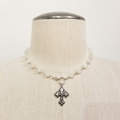 WHITE ONYX NECKLACE WITH CROSS PENDANT-16"