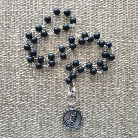 MATTE BLACK ONYX NECKLACE WITH PRAYING HANDS CHARM-20"