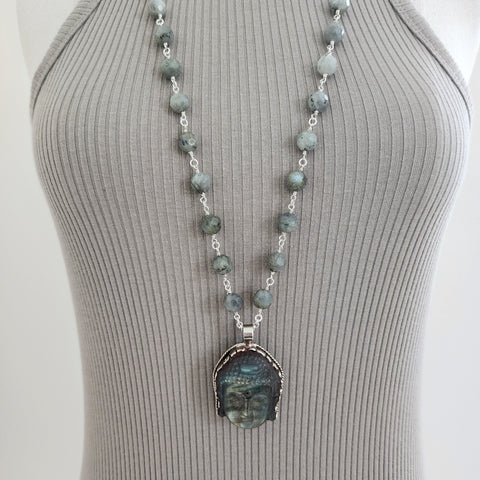 LABRADORITE NECKLACE WITH BUDDHA PENDANT-33"