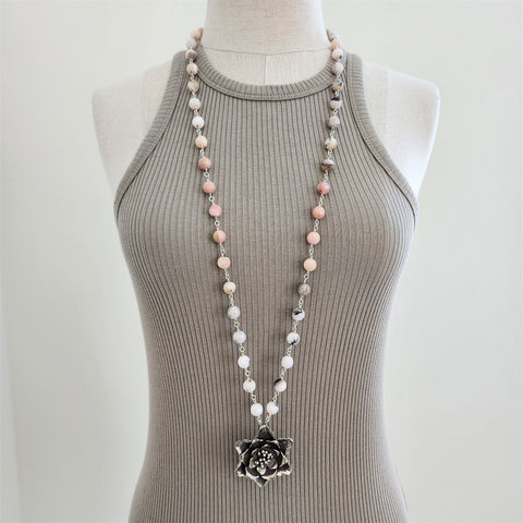 PINK OPAL NECKLACE WITH TIBETAN FLOWER PENDANT-36"