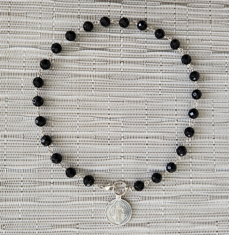 BLACK ONYX NECKLACE WITH ST. BENEDICT MEDALLION-16"