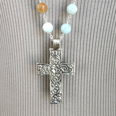 AMAZONITE NECKLACE WITH FLORAL CROSS-36"