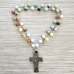 AMAZONITE NECKLACE WITH FLORAL CROSS-36"