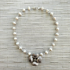 ECRU PEARLS (10MM) NECKLACE WITH CAMELLIA PENDANT-17"