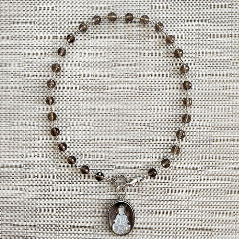 SMOKY QUARTZ NECKLACE WITH KWAN YIN PENDANT-18"